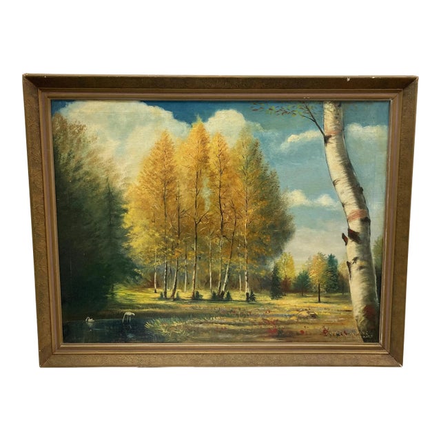 1950s Vintage Autumn Landscape Oil Painting by Elmer Stewart – Framed Mid-Century Forest Scene With Swans For Sale