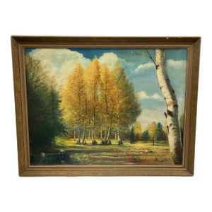 1950s Vintage Autumn Landscape Oil Painting by Elmer Stewart – Framed Mid-Century Forest Scene With Swans