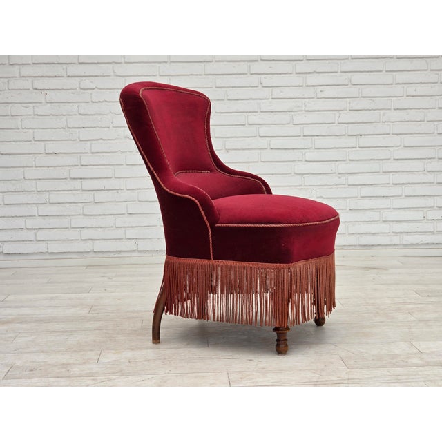 Danish Cocktail Lounge Chair in Cherry-Red Furniture Velour, 1950s For Sale - Image 17 of 17
