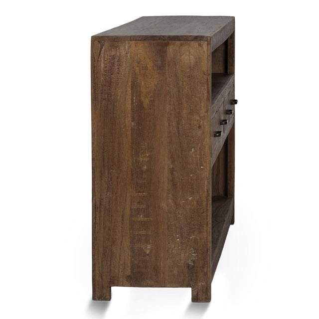 Rustic functional solid reclaimed wood console table with four spacious drawers and open upper and lower shelves. Clean,...