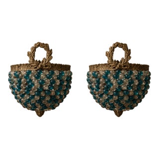 French-Style Petite Wall Sconces – Blue & Clear Beaded Design With Ornate Bronze Details - Set of 2 For Sale