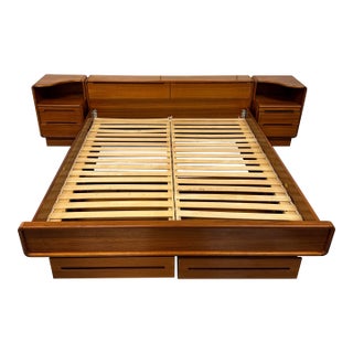 90's Teak King Size Platform Bed With Nightstands by Sun Cabinet Company For Sale