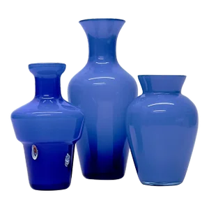 Deep Cornflower Cased Glass Vase Curation - Group of 3