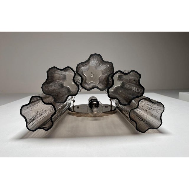 Mid-Century Modern Smoked Murano Glass 5-Tube Wall Sconces, 1990s, Set of 2 For Sale - Image 3 of 17