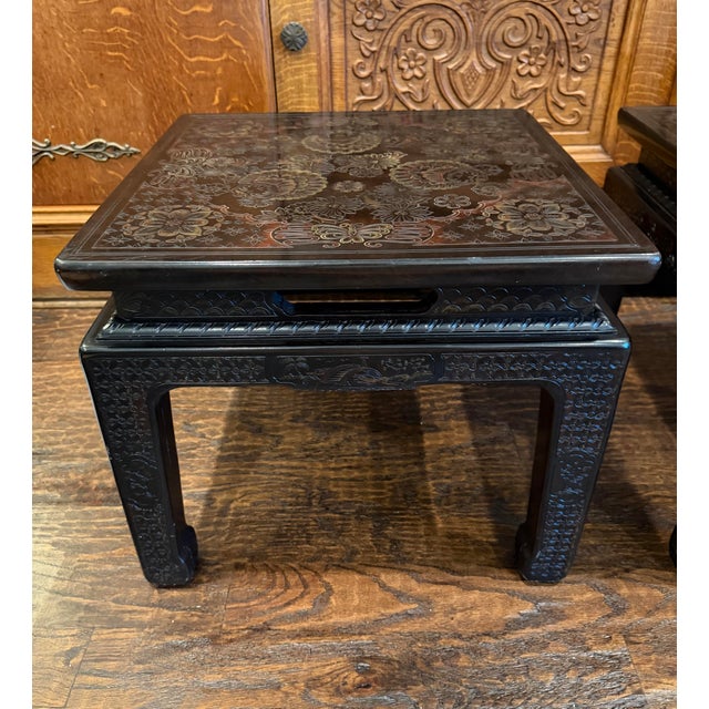 Burgundy 1978 John Widdicomb Asian Modern Incised Lacquer End Tables – Matching Pair For Sale - Image 8 of 12