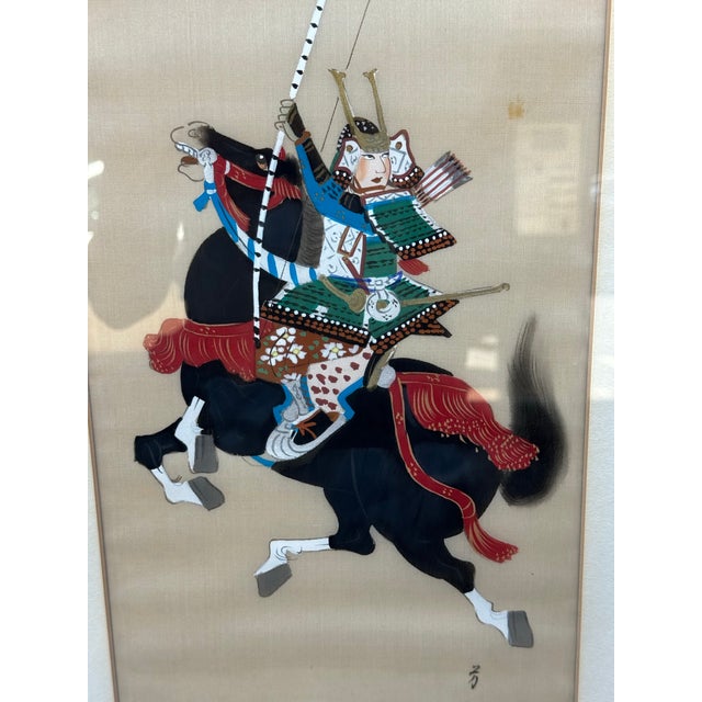 Vintage Pair of Paintings on Silk- Samurai on Horseback For Sale - Image 4 of 12