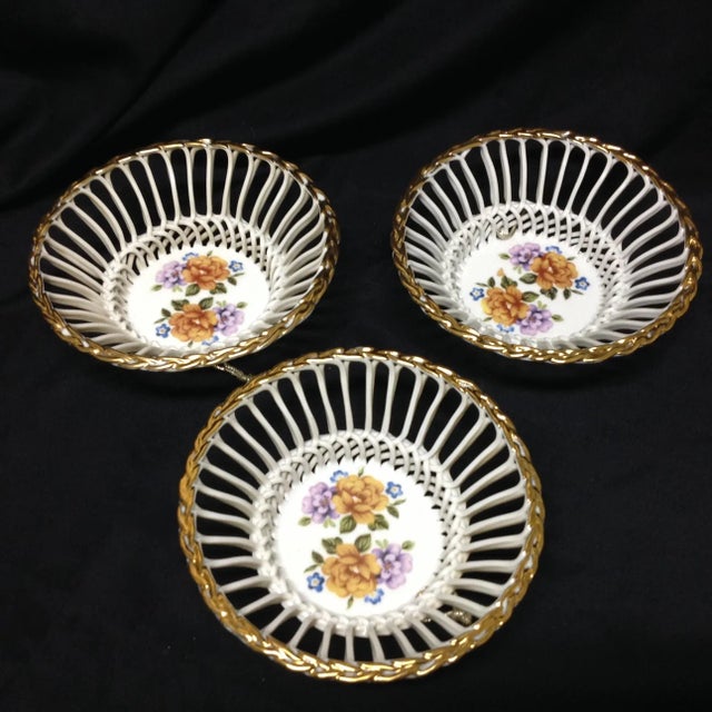 1950s Orange Floral Reticulated Catchalls Cluj Napoca Porcelain - Set of 3 For Sale - Image 4 of 12