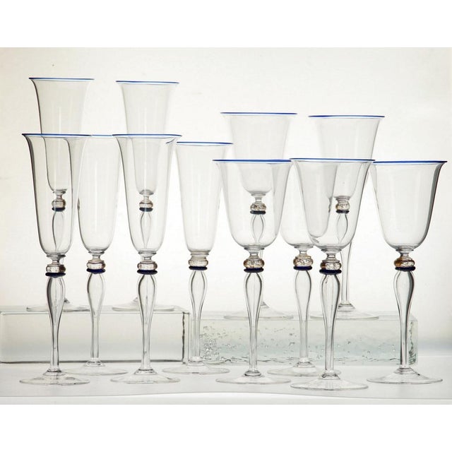 Blue Stemmed Flute Glasses in Murano Glass with Cobalt and Gold Accents by Cenedese, 1980s, Set of 6 For Sale - Image 8 of 18