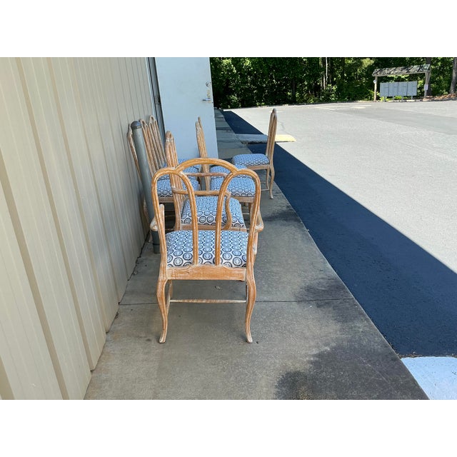 Gustavian Style Cerused Dining Chairs in New Blue & White Linen Set of 8 For Sale - Image 10 of 15