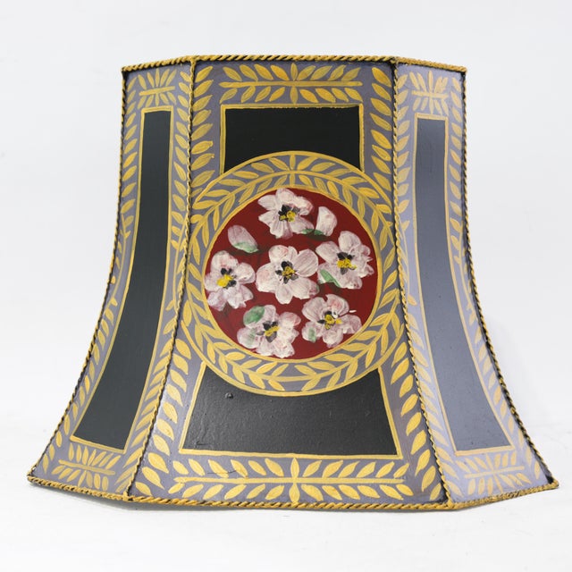 Vintage Hand-Painted Toleware Panel Lamp Shade With Floral Medallion For Sale - Image 4 of 12