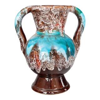 Vintage French Vallauris Turquoise Majolica Handled Vase Urn For Sale