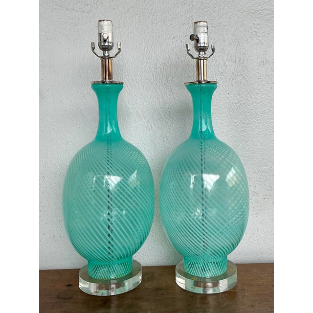 Mid-Century Modern Vintage Italian Murano Swirl Glass Lamps - A Pair For Sale - Image 3 of 12