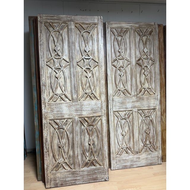 Rustic Midcentury Carved Entry Doors in Distressed Wood Architectural Statement Panels 80x30 For Sale - Image 3 of 14
