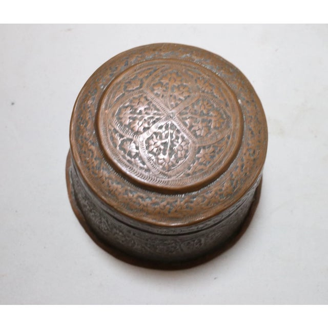 Metal Antique 1800's Hand Made Tooled Copper Middle Eastern Lidded Tobacco Jar Box Pot For Sale - Image 7 of 11