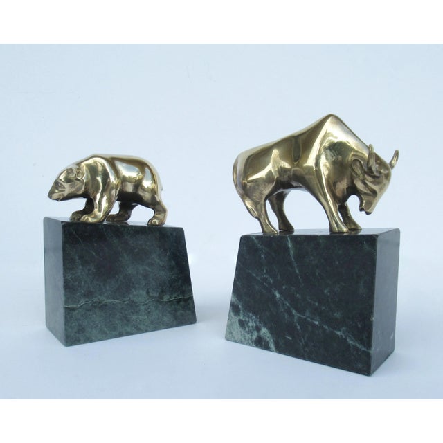 Mid-Century Modern Vintage C.1970's Solid Brass Bear & Bull Wallstreet Bookends Mounted on Green Veined Marble Bases For Sale - Image 3 of 13