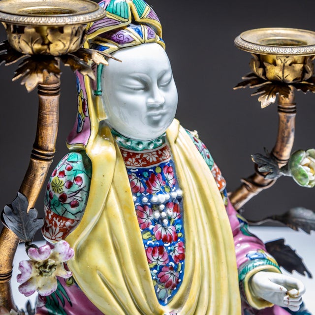 Famille Rose Style Candelabras with Chinoiserie Figures, 1900s, Set of 2 For Sale - Image 10 of 12