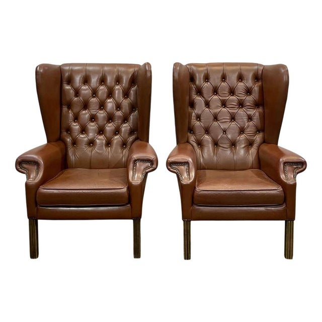 Chesterfield Wingback Armchairs in Brown Leather, 1970s, Set of 2 For Sale - Image 15 of 15