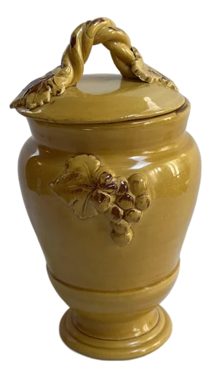 1980s Arte Italica "Sole Mustard" Ceramic 13" Tall Yellow Jar With Lid Grapes Leaves Design Made in Italy