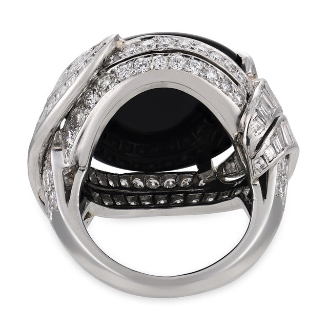 Mid Century Onyx Diamond Platinum Cocktail Ring, Size 5.75 For Sale In Los Angeles - Image 6 of 6