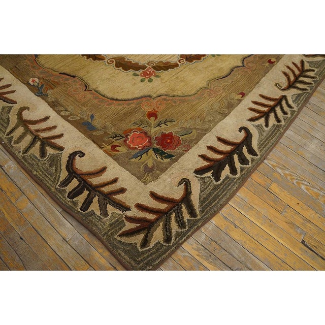 Excellent Camel Color With Unique Florid Design American Hooked Rug For Sale - Image 9 of 9