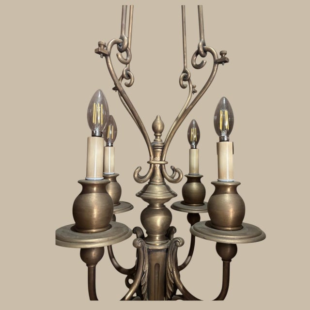 Late 20th Century Late 20th Century Maitland-Smith Four Light Bouillotte Chandelier, Large Hand Made Silk Shade, Unique Architectural Design, Burnished Bronze Finish For Sale - Image 5 of 14