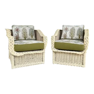 Henry Link Coastal Newly Upholstered Rattan Club Chairs- a Pair