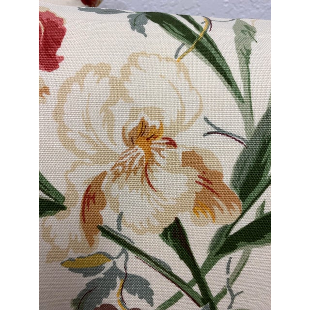 English Pair of 22" Square Pillows With a Red and Cream Iris Floral Pattern - Made in Uk For Sale - Image 3 of 10