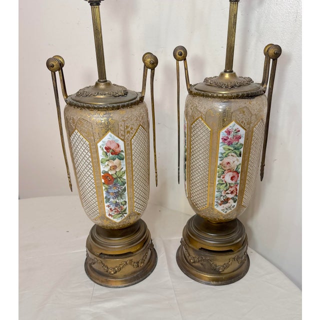 Metal Pair of Large Antique Moser Bronze Mounted Cut to Clear Gilt Glass Table Lamps For Sale - Image 7 of 15