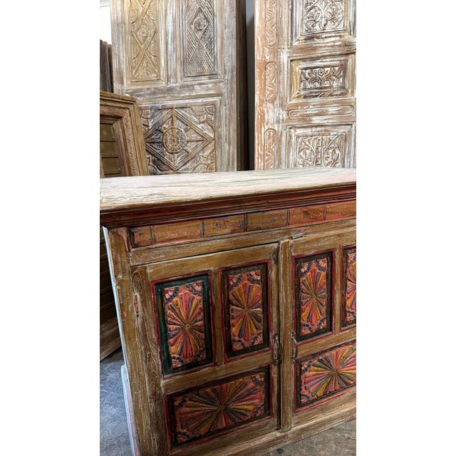 Antique Boho Vanity Hand-Carved Pink Sideboard Cabinet With Sunburst Doors For Sale In Orlando - Image 6 of 8