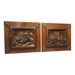 Pair of Large Antique French Oak Framed Hunt Plaques, P. Lecourtier (1851-1925) For Sale