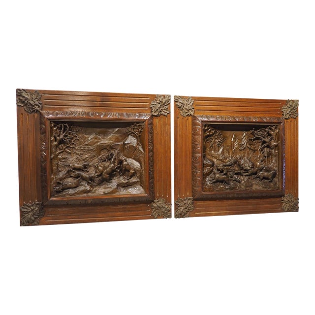 Pair of Large Antique French Oak Framed Hunt Plaques, P. Lecourtier (1851-1925) For Sale