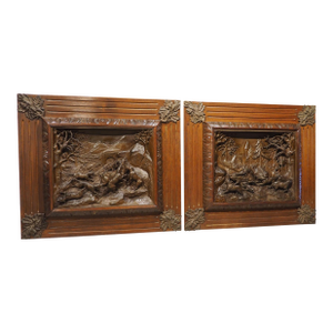 Pair of Large Antique French Oak Framed Hunt Plaques, P. Lecourtier (1851-1925)