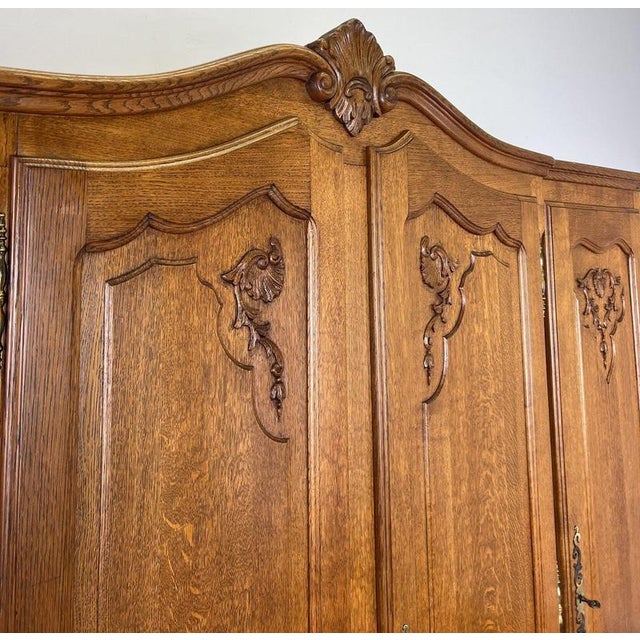 Vintage French Louis XVI Style Carved Oak 4-Door Wardrobe For Sale - Image 5 of 12