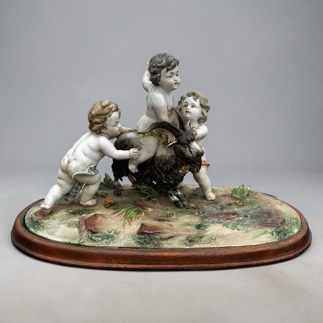 Porcelain Group of Nude Putti & the Goat Amalthea on Wooden Display Stand For Sale - Image 16 of 16