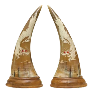 Mid 20th Century Hand Carved Chinese Dragon on Natural Buffalo Horn on Wooden Base - a Pair