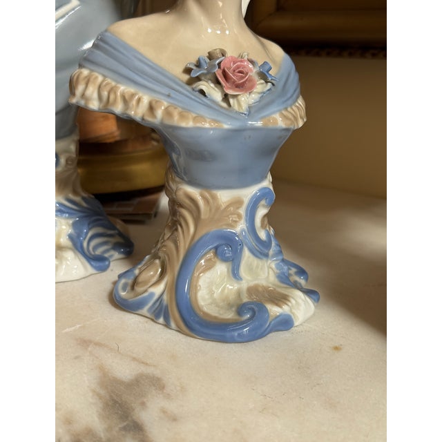 1950s Vintage Japanese Rococo Revival Blue & White Porcelain Busts — Pair For Sale - Image 5 of 10