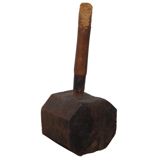 Antique primitive / rustic hand crafted heavy wooden mallet with octagonal shaped head and rounded handle.