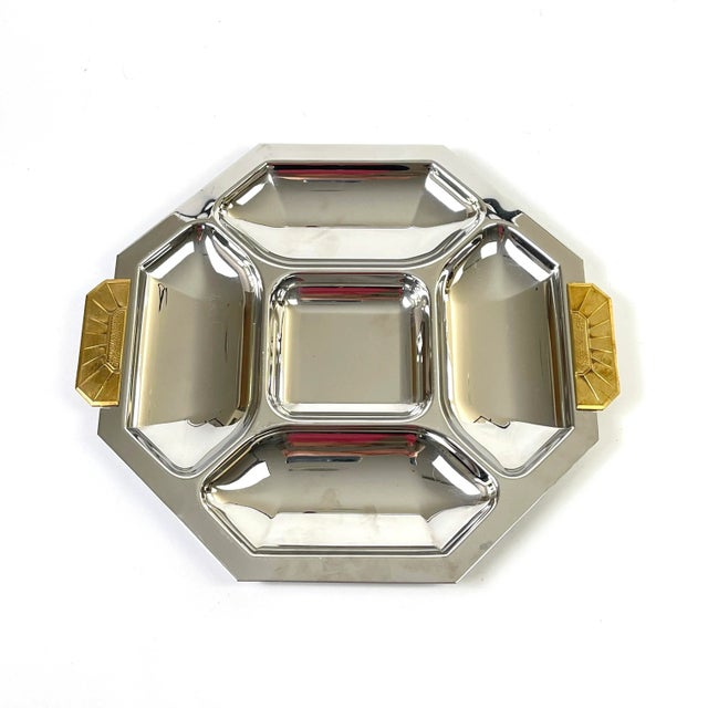 Art deco revival divided tray by Jean Couzon. Stainless steel with brass handles. Made in France. C. 1985
