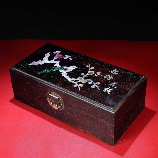 Vintage Chinese Rosewood Box With Mother of Pearl "Bird on Branch" Inlay For Sale - Image 9 of 9