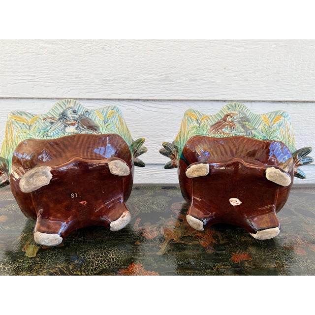 Pair Antique French Majolica Jardinières Insect Musician Cache Pot Planter C1880 For Sale - Image 18 of 18