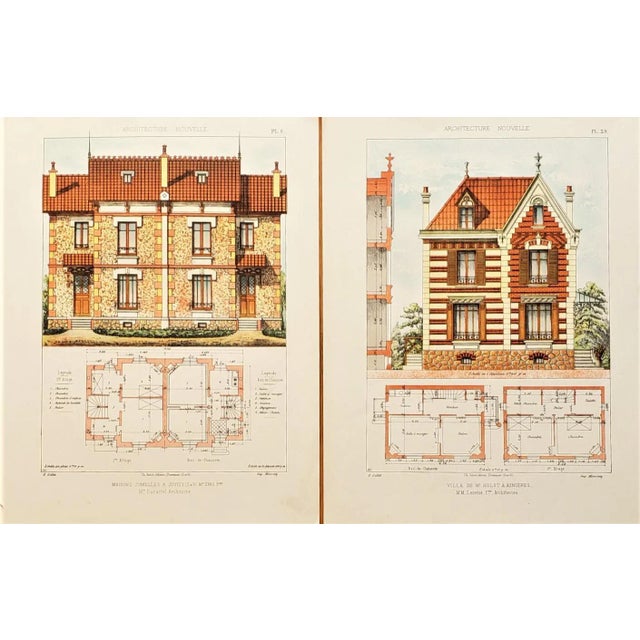 Cream Pair- 1900 French Architecture Lithographs-Country Homes For Sale - Image 8 of 8