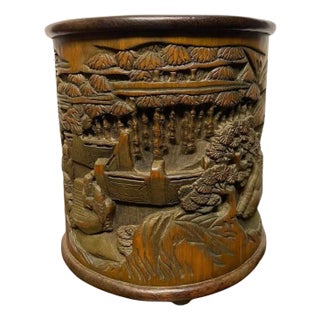 Chinese Bamboo Calligraphy Brush Holder Carved With Scholars in a Garden For Sale