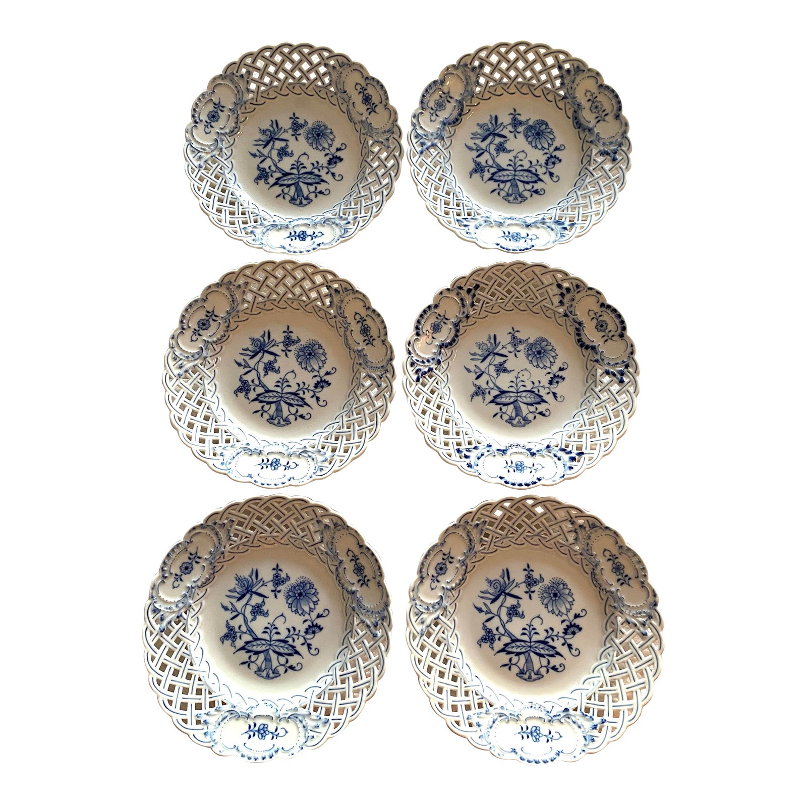 Set of 6 Antique Meissen Blue Onion Reticulated Plates 1850-1888