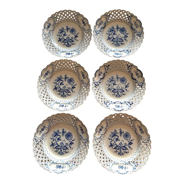Set of 6 Antique Meissen Blue Onion Reticulated Plates 1850-1888 For Sale