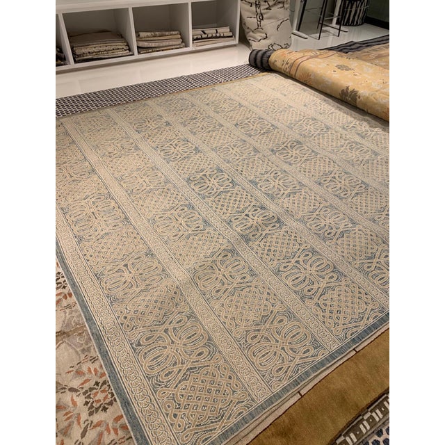 Modern Vespero beige, blue and white hand knotted wool rug by Doris Leslie Blau. Size: 9'1" x 11'9" (276 x 358 cm)....