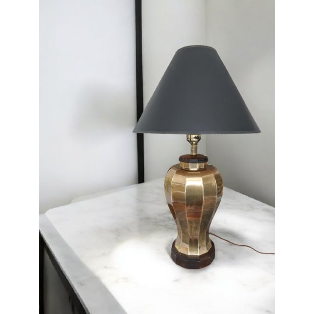 Chinoiserie Hollywood Regency Brass Ginger Jar Lamp With Black Lampshade by Frederick Cooper For Sale - Image 3 of 11