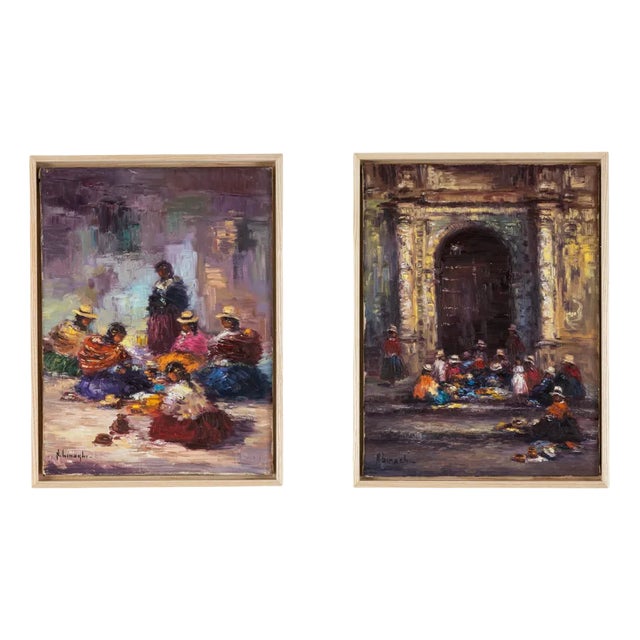 Nelly Binaghi, Seamstresses in Argentina, Oil on Canvas, Framed, Set of 2 For Sale