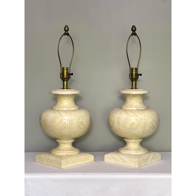 1970s Pair of 1970s Jean Roger Style Ivory White Lacquered Wood Urn Table Lamps For Sale - Image 5 of 11