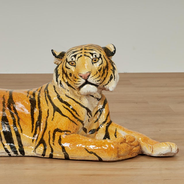 Mid-Century Modern Vintage Italian Glazed Terra Cotta Tiger Sculpture For Sale - Image 3 of 9