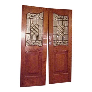 Neoclassical Pair of Mahogany Raised Panel Leaded Glass Doors-Pivot Hinge Swinging Both Ways For Sale
